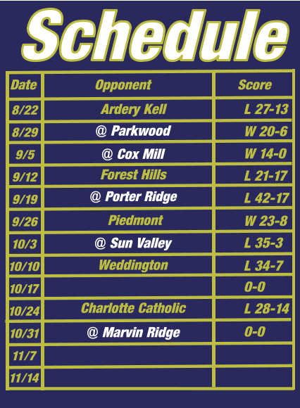 Schedule Date Opponent Score 8/22 8/29 9/5 9/12 9/19 9/26 10/3 10/10 10/17 10/24 10/31 11/7 11/14 L 27-13 W 20-6 W 14-0 L 21-17 L 42-17 L 35-3 0-0  L 28-14 0-0  W 23-8  L 34-7  @ Parkwood Weddington @ Sun Valley Charlotte Catholic @ Porter Ridge Ardery Kell @ Cox Mill Forest Hills @ Marvin Ridge Piedmont
