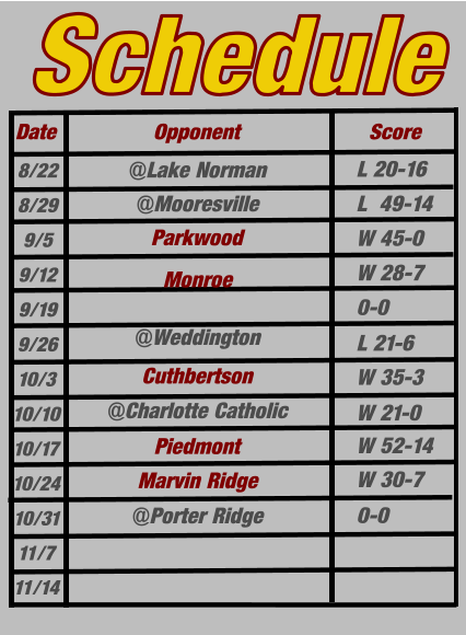 Date Opponent Score Schedule @Lake Norman Piedmont Marvin Ridge @Porter Ridge 8/22 8/29 9/5 9/12 9/19 9/26 10/3 10/10 10/17 10/24 10/31 11/7 11/14 L 20-16 L  49-14 W 45-0 W 28-7 0-0 W 35-3 W 52-14  W 30-7 0-0  L 21-6  W 21-0  @Charlotte Catholic @Mooresville Parkwood Monroe Cuthbertson @Weddington