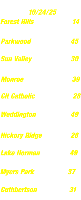 Last Weeks’s Scores   10/24/25 Anson Weddington Piedmont Monroe  Mt Pleasant Clt Catholic Cuthbertson    0  49   28   14    39   21 Sun Valley Marvin Ridge  30   7 Parkwood West Stanly   45  42 Forest Hills    14	   12 Hickory Ridge Parkwood Lake Norman    Mooresville  49  14  28   7 Myers Park Sun Valley  37 14 Cuthbertson S. Meck  31 07