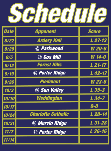 Schedule Date Opponent Score 8/22 8/29 9/5 9/12 9/19 9/26 10/3 10/10 10/17 10/24 10/31 11/7 11/14 L 27-13 W 20-6 W 14-0 L 21-17 L 42-17 L 35-3 0-0  L 28-14 L 31-28  W 23-8  L 34-7  @ Parkwood Weddington @ Sun Valley Charlotte Catholic @ Porter Ridge Ardery Kell @ Cox Mill Forest Hills @ Marvin Ridge Piedmont @ Porter Ridge L 26-16