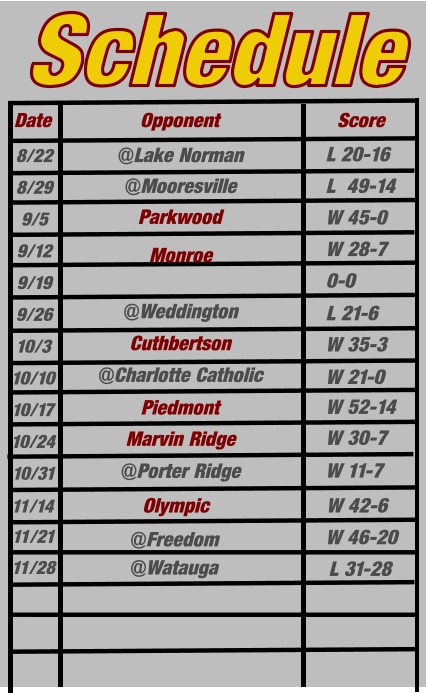 Date Opponent Score Schedule @Lake Norman Piedmont Marvin Ridge @Porter Ridge 8/22 8/29 9/5 9/12 9/19 9/26 10/3 10/10 10/17 10/24 10/31 11/14 11/21 L 20-16 L  49-14 W 45-0 W 28-7 0-0 W 35-3 W 52-14  W 30-7 W 11-7  L 21-6  W 21-0  @Charlotte Catholic @Mooresville Parkwood Monroe Cuthbertson @Weddington Olympic W 42-6 @Freedom @Watauga W 46-20 11/28 L 31-28